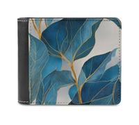 Jubonexis Abstract Blue Leaves with Golden Veins Soft PU Leather Bifold Wallet, Coin Purse Credit Pass Case, Durable Card-Holder Slim Billfold for Men Woman Money Storage