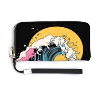 Jubonexis Abstract Colorful Surf Wave with The Sun PU Leather Clutch Long Bifold Wallet, Coin Purse Credit Pass Case, Durable Card-Holder Money Storage for Women Men