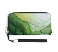 Jubonexis Abstract Green Watercolor PU Leather Clutch Long Bifold Wallet, Coin Purse Credit Pass Case, Durable Card-Holder Money Storage for Women Men