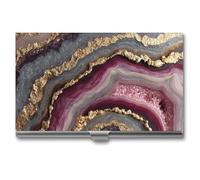 Jubonexis Agate Slice Red Gold White Business Card Holder, Pocket Slim Metal Business Card Case for Women Men