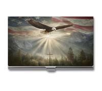 Jubonexis American Flag an Eagle Flying Mountains Tree Business Card Holder, Pocket Slim Metal Business Card Case for Women Men