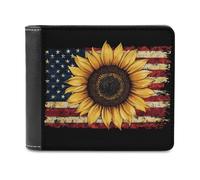 Jubonexis American Flag with Sunflower Soft PU Leather Bifold Wallet, Coin Purse Credit Pass Case, Durable Card-Holder Slim Billfold for Men Woman Money Storage