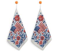 Jubonexis American Flag with Waving Stripes And Star Small Hand Towel with Hanging Loop 2 PCS Absorbent Soft Wash Cloth for Kitchen Bathroom