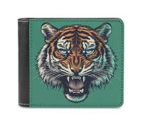 Jubonexis Angry Tiger Head on Green Soft PU Leather Bifold Wallet, Coin Purse Credit Pass Case, Durable Card-Holder Slim Billfold for Men Woman Money Storage