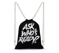 Jubonexis Ask Who's Ready Graffiti Slogan Drawstring Backpack Canvas String Bag Lightweight Sports Gym Bag for Men Women