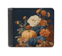 Jubonexis Autumn Harvest Orange and Navy Blue Pumpkins Soft PU Leather Bifold Wallet, Coin Purse Credit Pass Case, Durable Card-Holder Slim Billfold for Men Woman Money Storage