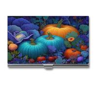 Jubonexis Autumn Harvest Scene Blue Orange Pumpkins Business Card Holder, Pocket Slim Metal Business Card Case for Women Men