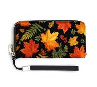 Jubonexis Autumn Leaves on A Black PU Leather Clutch Long Bifold Wallet, Coin Purse Credit Pass Case, Durable Card-Holder Money Storage for Women Men
