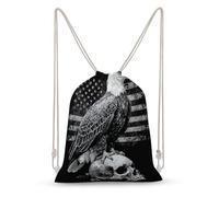 Jubonexis Bald Eagle on Skull with American Flag Black White Drawstring Backpack Canvas String Bag Lightweight Sports Gym Bag for Men Women
