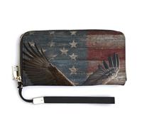 Jubonexis Bald Eagle Soaring Over American Flag Rustic Wood PU Leather Clutch Long Bifold Wallet, Coin Purse Credit Pass Case, Durable Card-Holder Money Storage for Women Men