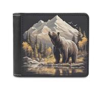 Jubonexis Bear in Front of Mountain Soft PU Leather Bifold Wallet, Coin Purse Credit Pass Case, Durable Card-Holder Slim Billfold for Men Woman Money Storage