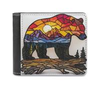 Jubonexis Bear Silhouette Sunset Mountain Landscape Soft PU Leather Bifold Wallet, Coin Purse Credit Pass Case, Durable Card-Holder Slim Billfold for Men Woman Money Storage