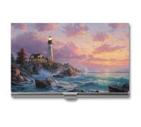 Jubonexis Beautiful Lighthouse on The Rocky Coast Business Card Holder, Pocket Slim Metal Business Card Case for Women Men