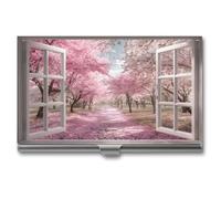 Jubonexis Beautiful Pink Path Covered in Cherry Business Card Holder, Pocket Slim Metal Business Card Case for Women Men