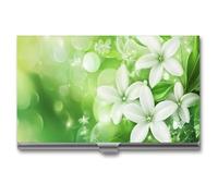 Jubonexis Beautiful White Flowers Green Business Card Holder, Pocket Slim Metal Business Card Case for Women Men