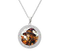 Jubonexis Beautiful Witch Pumpkins Autumn Leaves Round Pendant Necklace Silver Jewelry for Women