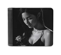 Jubonexis Beautiful Woman Holding A Single Rose Soft PU Leather Bifold Wallet, Coin Purse Credit Pass Case, Durable Card-Holder Slim Billfold for Men Woman Money Storage