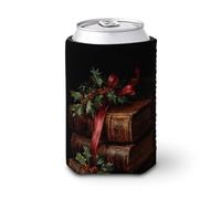 Jubonexis Beer Can Cooler Sleeve,Leather-Bound Books with Holly Mistletoe Can Cover Beer Cooler Soft Insulated Beverage Holder for Party Beach Event Home