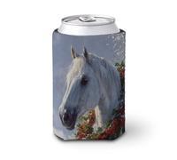 Jubonexis Beer Can Cooler Sleeve,White Horse with Winter Holly Red Berries Wreath Can Cover Beer Cooler Soft Insulated Beverage Holder for Party Beach Event Home