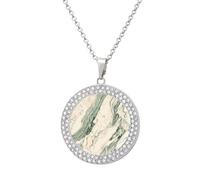 Jubonexis Beige Marble Fluid Sage Green Round Pendant Necklace Silver Jewelry for Women