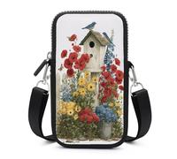 Jubonexis Birdhouse Bucket of Red Blue Yellow Flowers Crossbody Mobile Phone Bag Smartphone Bag With Adjustable Strap