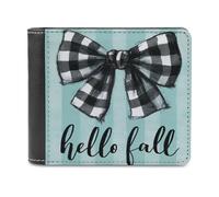 Jubonexis Black and White Checkered Bow Hello Fall Soft PU Leather Bifold Wallet, Coin Purse Credit Pass Case, Durable Card-Holder Slim Billfold for Men Woman Money Storage