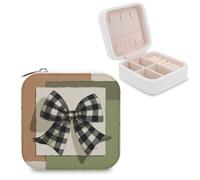 Jubonexis Black And White Checkered Bow Rustic Small Jewelry Box Jewelry Organizer Portable PU Leather Mini Travel Jewelry Case