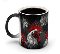Jubonexis Black and White Roosters with Red Tail Feathers Color Changing Mugs Heat Changing Ceramic Coffee Mug Novelty Funny Tea Water Cup 11OZ
