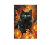 Jubonexis Black Cat And Carved Pumpkins Autumn Leaves Wall Art Poster Canvas Print Painting Aesthetic Picture for Living Room Farmhouse Decor 12x18inch(30x45cm)