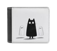 Jubonexis Black Cat and Two Halloween Ghosts Soft PU Leather Bifold Wallet, Coin Purse Credit Pass Case, Durable Card-Holder Slim Billfold for Men Woman Money Storage