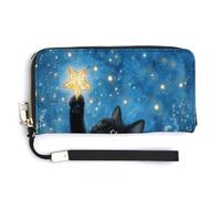 Jubonexis Black Cat Holding A Glowing Golden Star PU Leather Clutch Long Bifold Wallet, Coin Purse Credit Pass Case, Durable Card-Holder Money Storage for Women Men