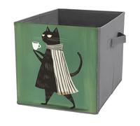 Jubonexis Black Cat Holding The Coffee Cup Cube Storage Bins Storage Cubes Foldable Decorative Fabric Storage Baskets Home Organizers with Handles for Shelves,Closet, 27x27 CM
