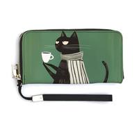 Jubonexis Black Cat Holding The Coffee Cup PU Leather Clutch Long Bifold Wallet, Coin Purse Credit Pass Case, Durable Card-Holder Money Storage for Women Men