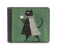 Jubonexis Black Cat Holding The Coffee Cup Soft PU Leather Bifold Wallet, Coin Purse Credit Pass Case, Durable Card-Holder Slim Billfold for Men Woman Money Storage