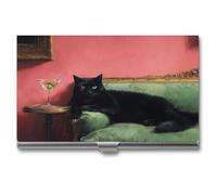 Jubonexis Black Cat Lounging on Teal Green Couch Business Card Holder, Pocket Slim Metal Business Card Case for Women Men