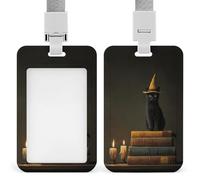 Jubonexis Black Cat on Old Books Halloween Fantasy ID Badge Holder Retractable Clip Card Holder Card Protector Name Badge Name Tag for Work Office Doctor Nurse