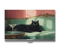 Jubonexis Black Cat on Teal Green Couch Business Card Holder, Pocket Slim Metal Business Card Case for Women Men