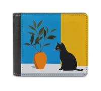 Jubonexis Black Cat Orange Vase Green Plant Soft PU Leather Bifold Wallet, Coin Purse Credit Pass Case, Durable Card-Holder Slim Billfold for Men Woman Money Storage
