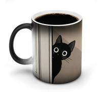 Jubonexis Black Cat Peeking from Door Cartoon Color Changing Mugs Heat Changing Ceramic Coffee Mug Novelty Funny Tea Water Cup 11OZ