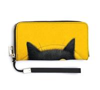 Jubonexis Black Cat Peeking from Yellow PU Leather Clutch Long Bifold Wallet, Coin Purse Credit Pass Case, Durable Card-Holder Money Storage for Women Men