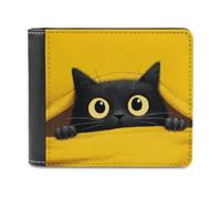 Jubonexis Black Cat Peeking from Yellow Soft PU Leather Bifold Wallet, Coin Purse Credit Pass Case, Durable Card-Holder Slim Billfold for Men Woman Money Storage