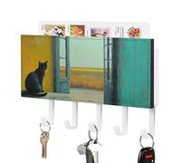 Jubonexis Black Cat Sitting on The Table Key Holder for Wall Mail Organizer Wall Mount with 5 Hooks Acrylic Key Rack for Home Office Entryway