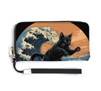Jubonexis Black Cat Surfing on The Wave PU Leather Clutch Long Bifold Wallet, Coin Purse Credit Pass Case, Durable Card-Holder Money Storage for Women Men