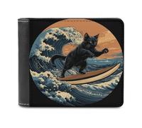 Jubonexis Black Cat Surfing on The Wave Soft PU Leather Bifold Wallet, Coin Purse Credit Pass Case, Durable Card-Holder Slim Billfold for Men Woman Money Storage