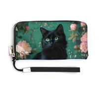 Jubonexis Black Cat with Beautiful Flowers PU Leather Clutch Long Bifold Wallet, Coin Purse Credit Pass Case, Durable Card-Holder Money Storage for Women Men