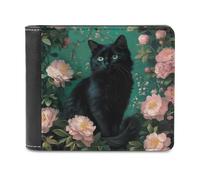 Jubonexis Black Cat with Beautiful Flowers Soft PU Leather Bifold Wallet, Coin Purse Credit Pass Case, Durable Card-Holder Slim Billfold for Men Woman Money Storage
