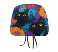 Jubonexis Black Cats And Colorful Flowers Printed Car Headrest Cover,2 Pieces, Elastic Comfort Head Rest Cover for Women Men, Universal Fits Most Cars Van SUV Truck, Car Interior Decor Accessories