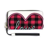 Jubonexis Black RED Plaid Pattern Heart Love PU Leather Clutch Long Bifold Wallet, Coin Purse Credit Pass Case, Durable Card-Holder Money Storage for Women Men
