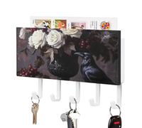 Jubonexis Black Vase White Roses Raven Key Holder for Wall Mail Organizer Wall Mount with 5 Hooks Acrylic Key Rack for Home Office Entryway