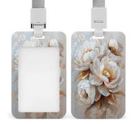 Jubonexis Blooming White and Ivory Peonies with Golden Centers ID Badge Holder Retractable Clip Card Holder Card Protector Name Badge Name Tag for Work Office Doctor Nurse